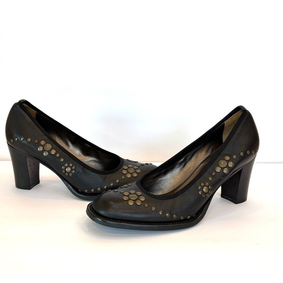 Accessoire Diffusion Paris Black Leather Block Heel Studded Pumps EU 37.5 US 7 - Picture 4 of 13